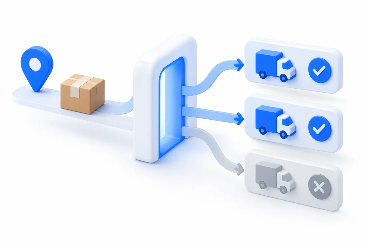 Shipment and destination details pass through availability checks to reveal eligible services