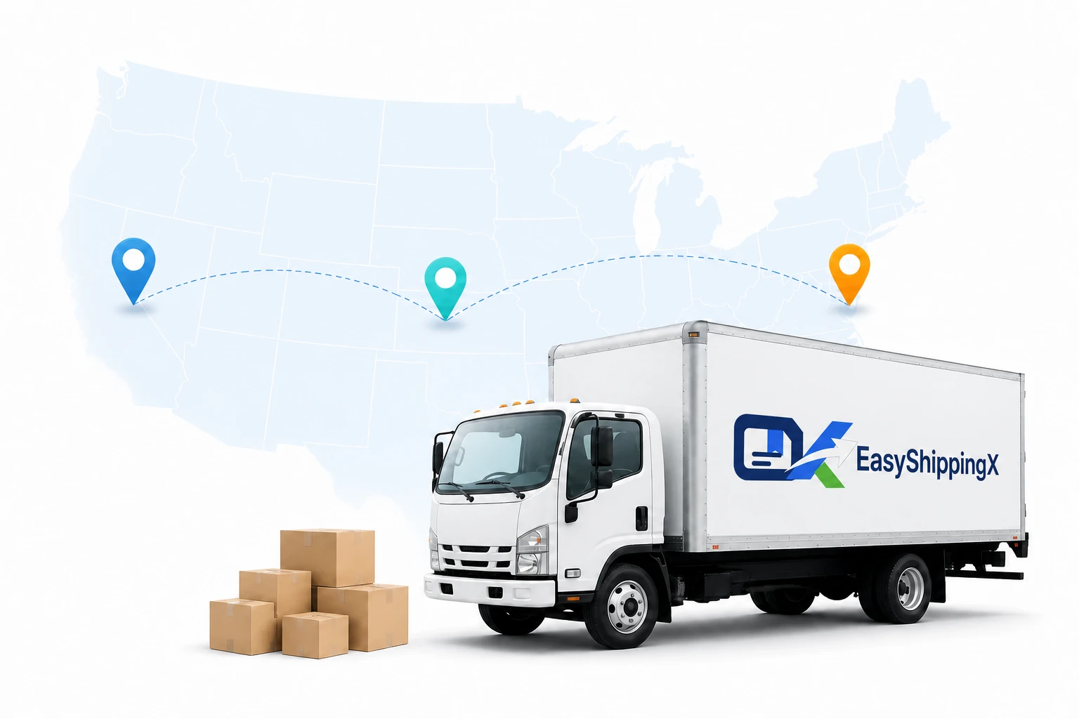 U.S. carrier network with parcels and an EasyShippingX-branded delivery truck