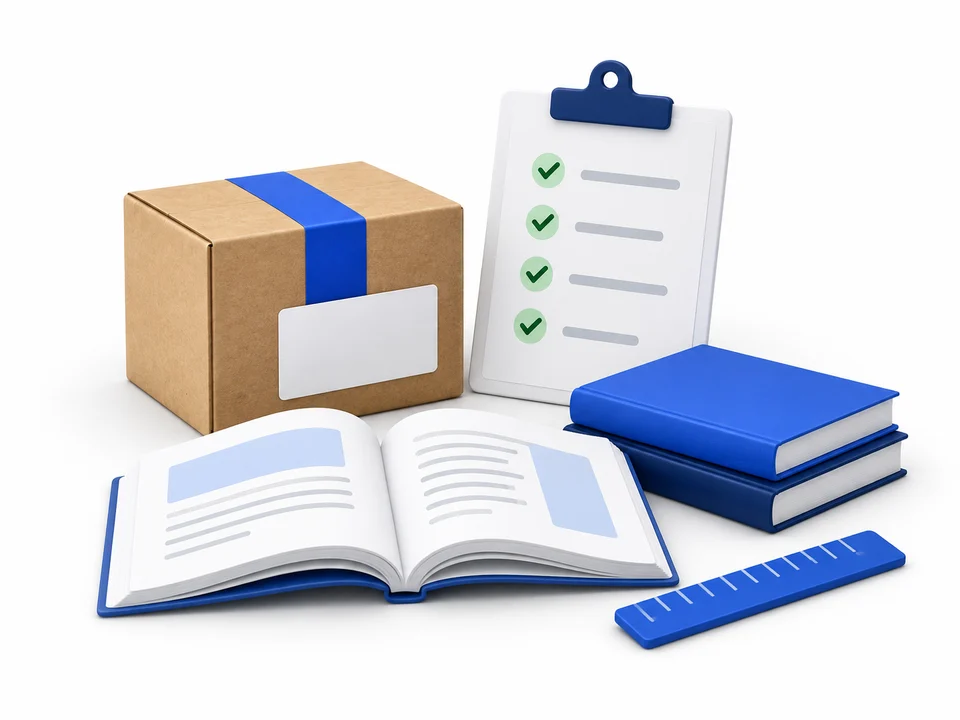 Shipping guides, a checklist and a parcel with blue tape