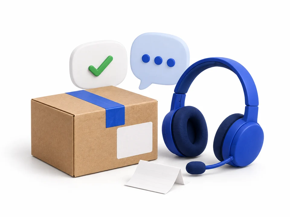 A support headset, conversation bubbles and a shipping parcel