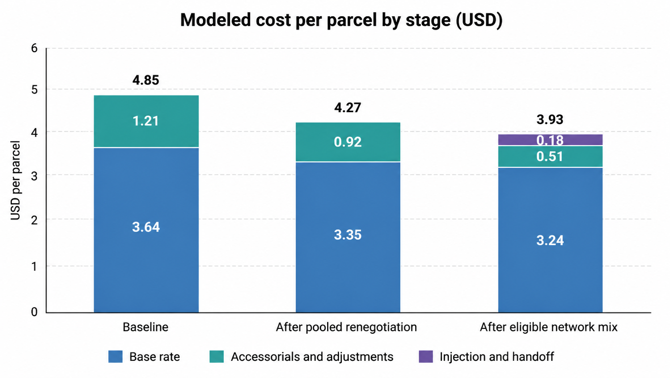 Stacked bar chart: modeled cost per parcel falls from 4.85 dollars at baseline to 4.27 after pooled renegotiation and 3.93 after an eligible network mix, split into base transportation, accessorials and adjustments, and injection and handoff