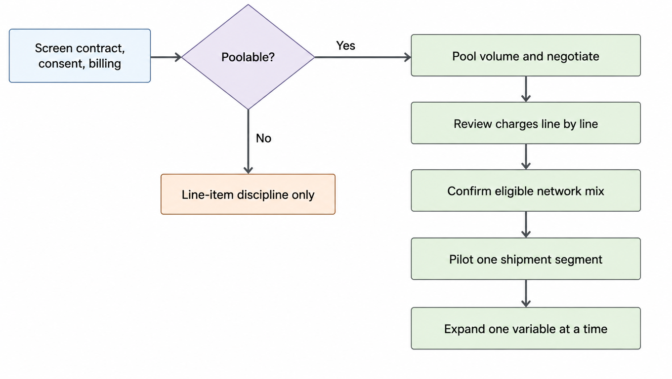 Flow chart: screen contract, consent, and billing; if volume is poolable, pool and renegotiate, review charges line by line, confirm an eligible network mix, pilot one shipment segment, then expand one variable at a time; if not poolable, move to line-item discipline only