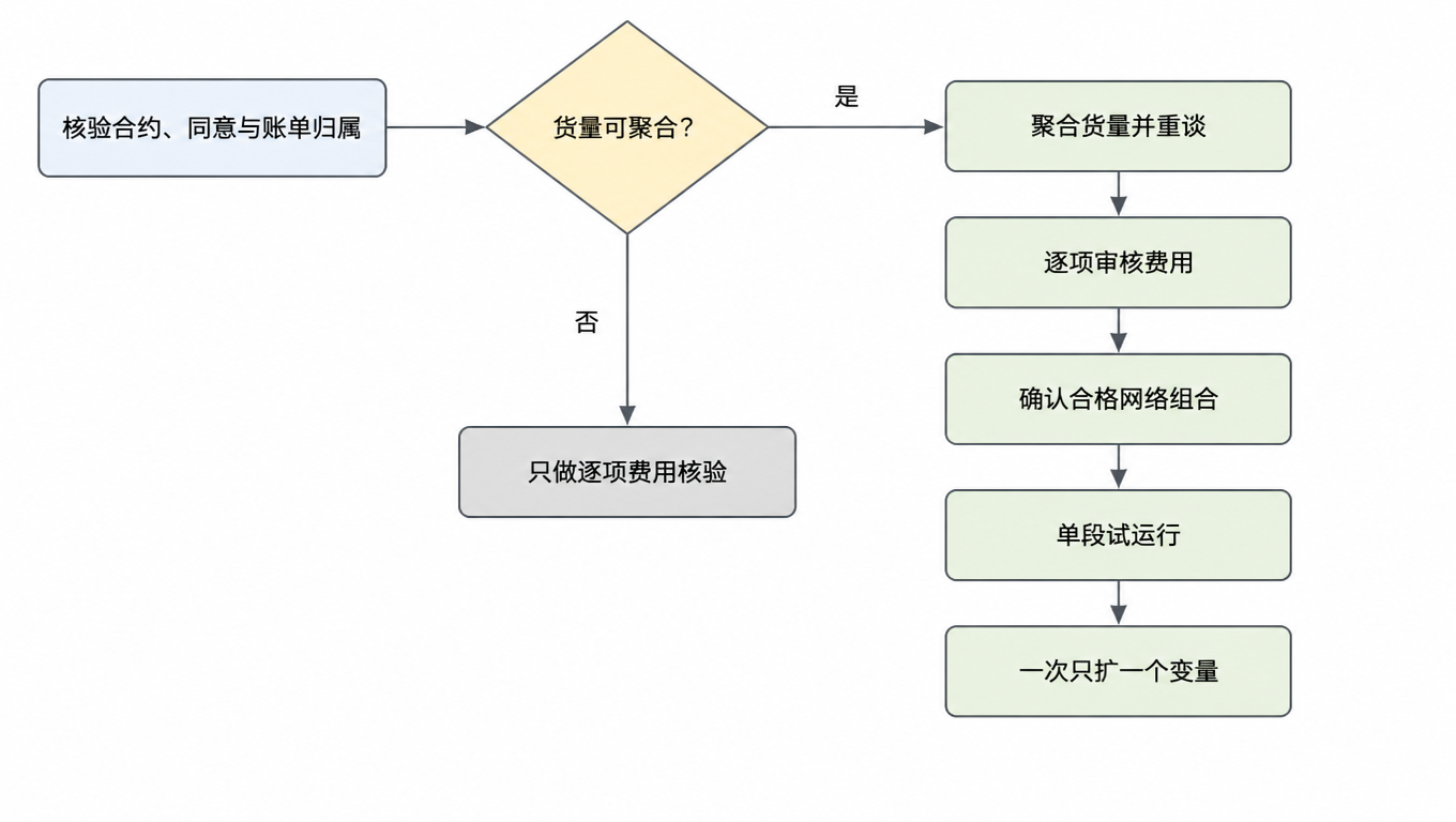 流程图:核验合约、同意与账单归属,判断货量是否可聚合;不可聚合时只做逐项费用核验,可聚合时依次聚合重谈、逐项审核费用、确认合格网络组合、单段试运行,最后一次只扩一个变量