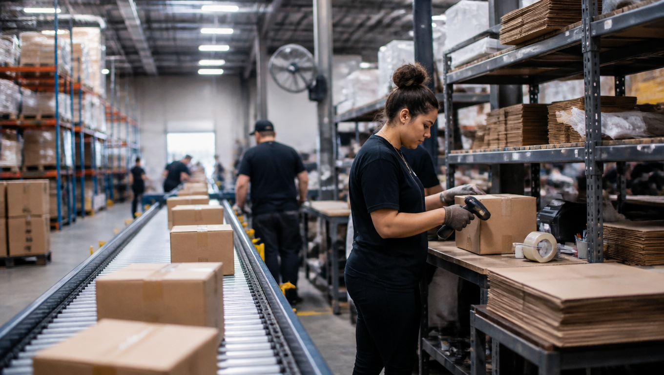 A mid-sized ecommerce fulfillment warehouse in North America with packing stations, outbound parcels moving on a conveyor, and staff scanning boxes