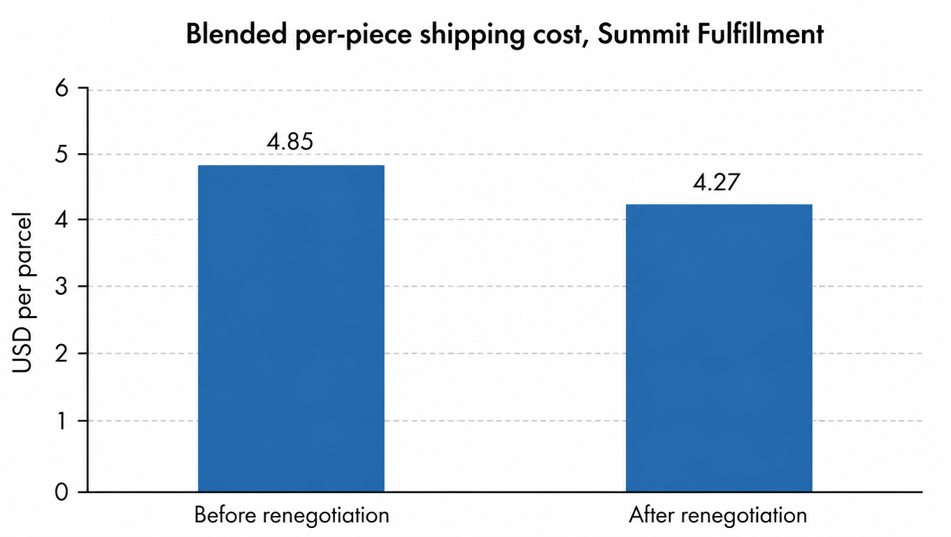 Bar chart: Summit Fulfillment blended per-piece shipping cost drops from $4.85 to $4.27 after pooled renegotiation (USD per parcel)