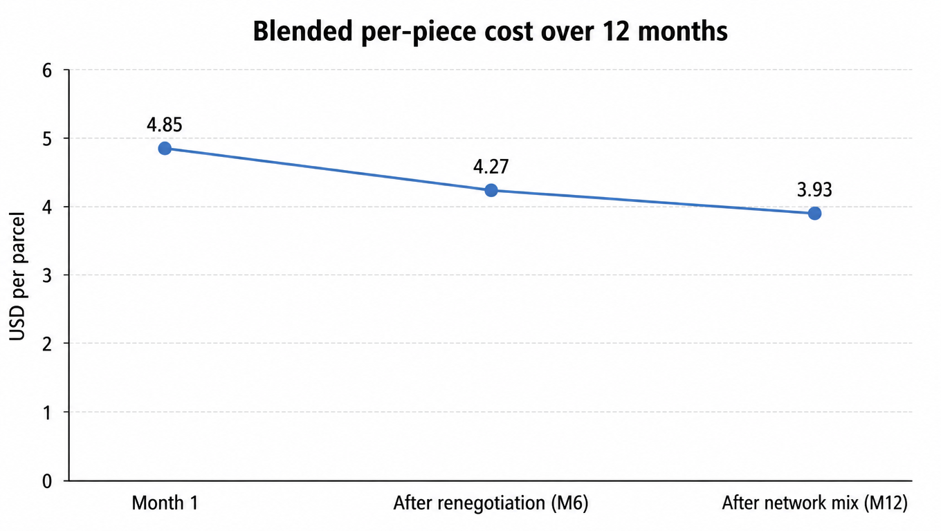 Line chart: blended per-piece cost from $4.85 in month 1 to $4.27 after renegotiation to $3.93 after network mix