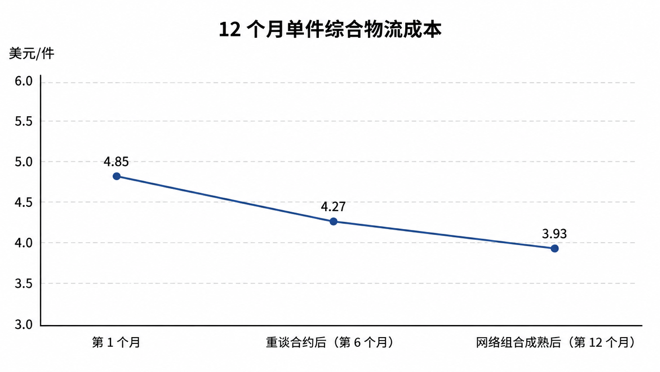 折线图:单件综合成本从第 1 个月 4.85 美元,重谈合约后 4.27 美元,网络组合成熟后 3.93 美元