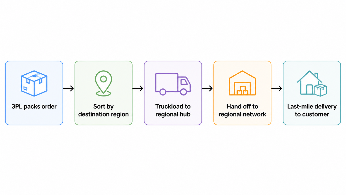 Flowchart: 3PL packs order, sorts by destination region, truckloads to regional hub, hands off to regional network, last-mile delivery