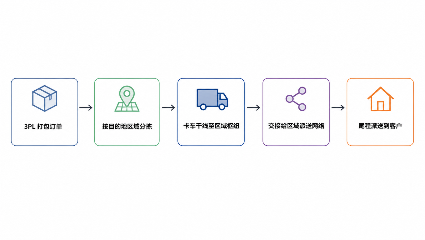 流程图:3PL 打包订单、按目的地区域分拣、卡车干线至区域枢纽、交接区域派送网络、尾程派送