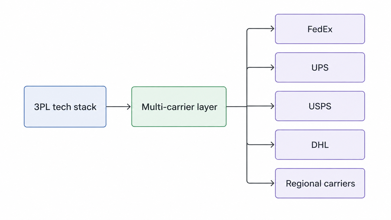 Architecture diagram: 3PL tech stack connects to a multi-carrier layer, which connects to FedEx, UPS, USPS, DHL, and regional carriers