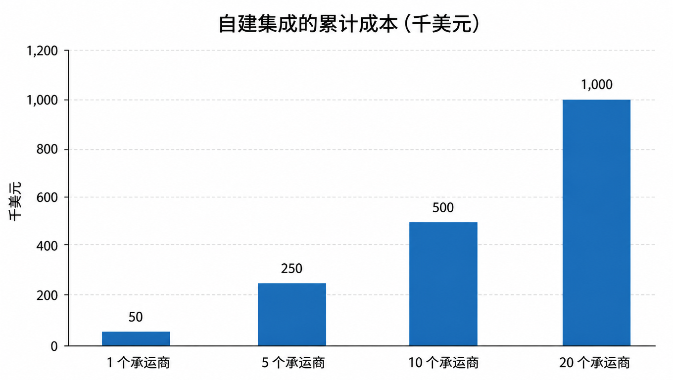 自建集成的累计成本柱状图:1 个承运商 5 万美元,5 个 25 万,10 个 50 万,20 个 100 万美元(千美元)