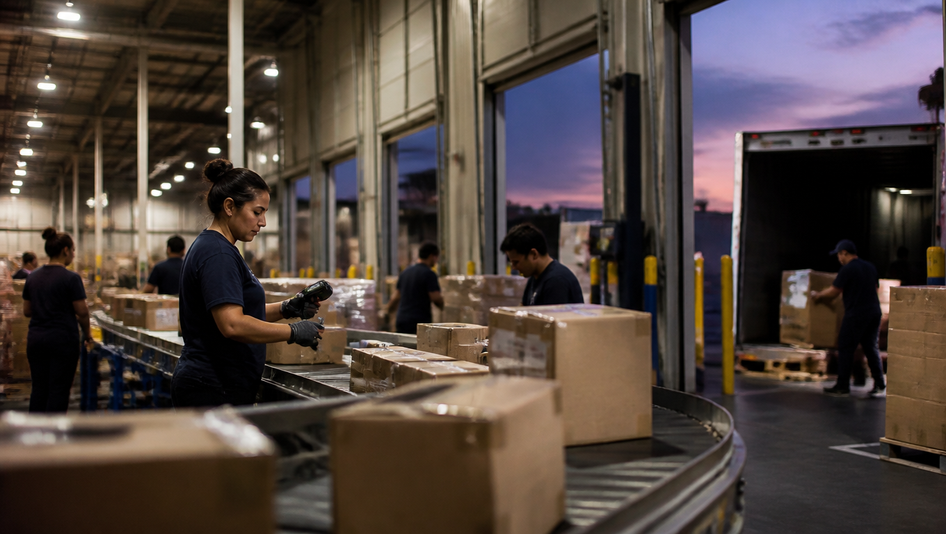 A busy 3PL warehouse floor at dusk, workers scanning and loading parcels onto conveyor belts