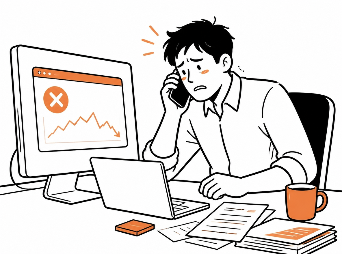 A logistics manager on the phone at night, staring at a screen showing a failed carrier rate request during peak season