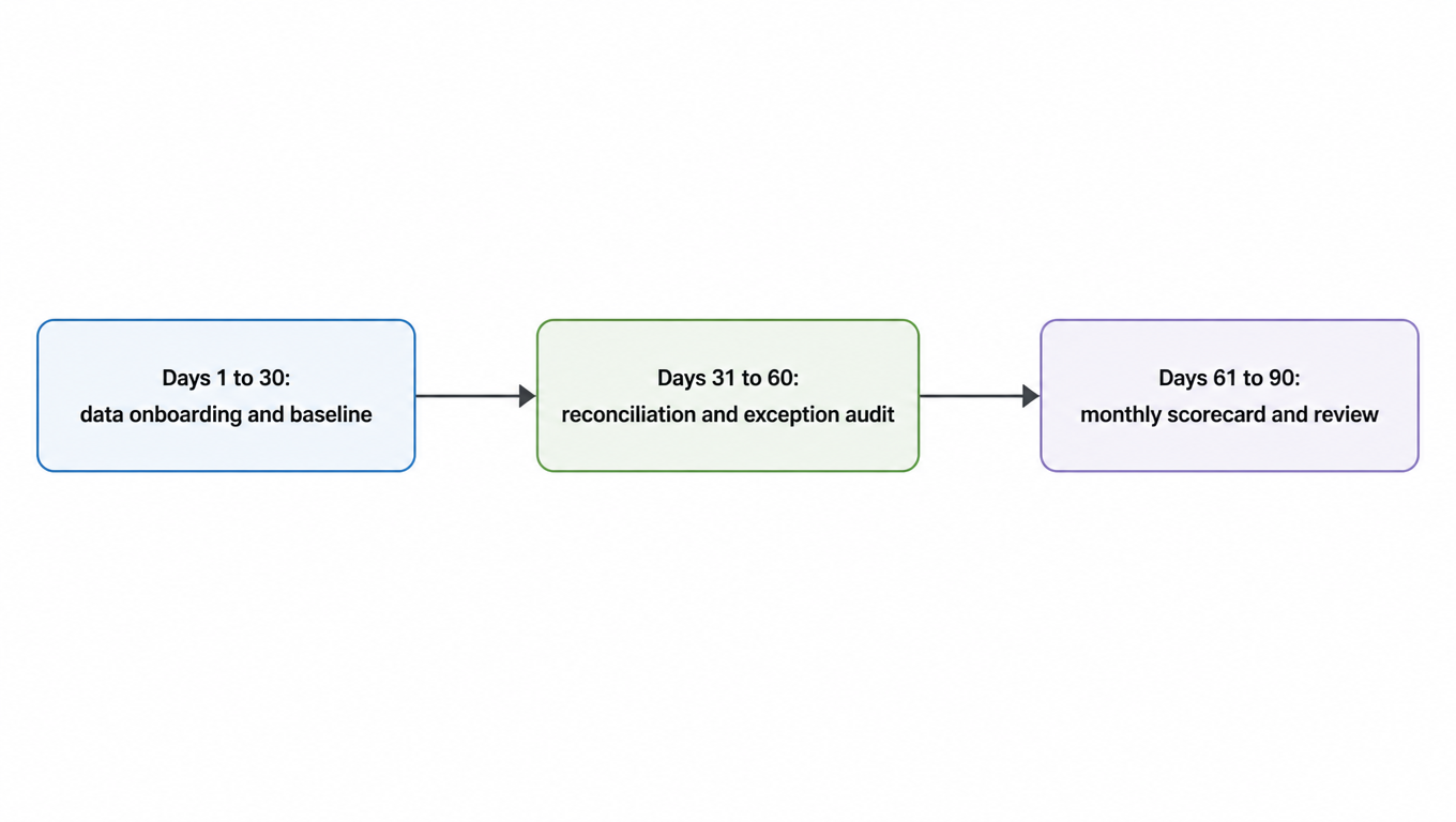 Flowchart: days 1 to 30 data onboarding and baseline, to days 31 to 60 reconciliation and exception audit, to days 61 to 90 monthly scorecard and review