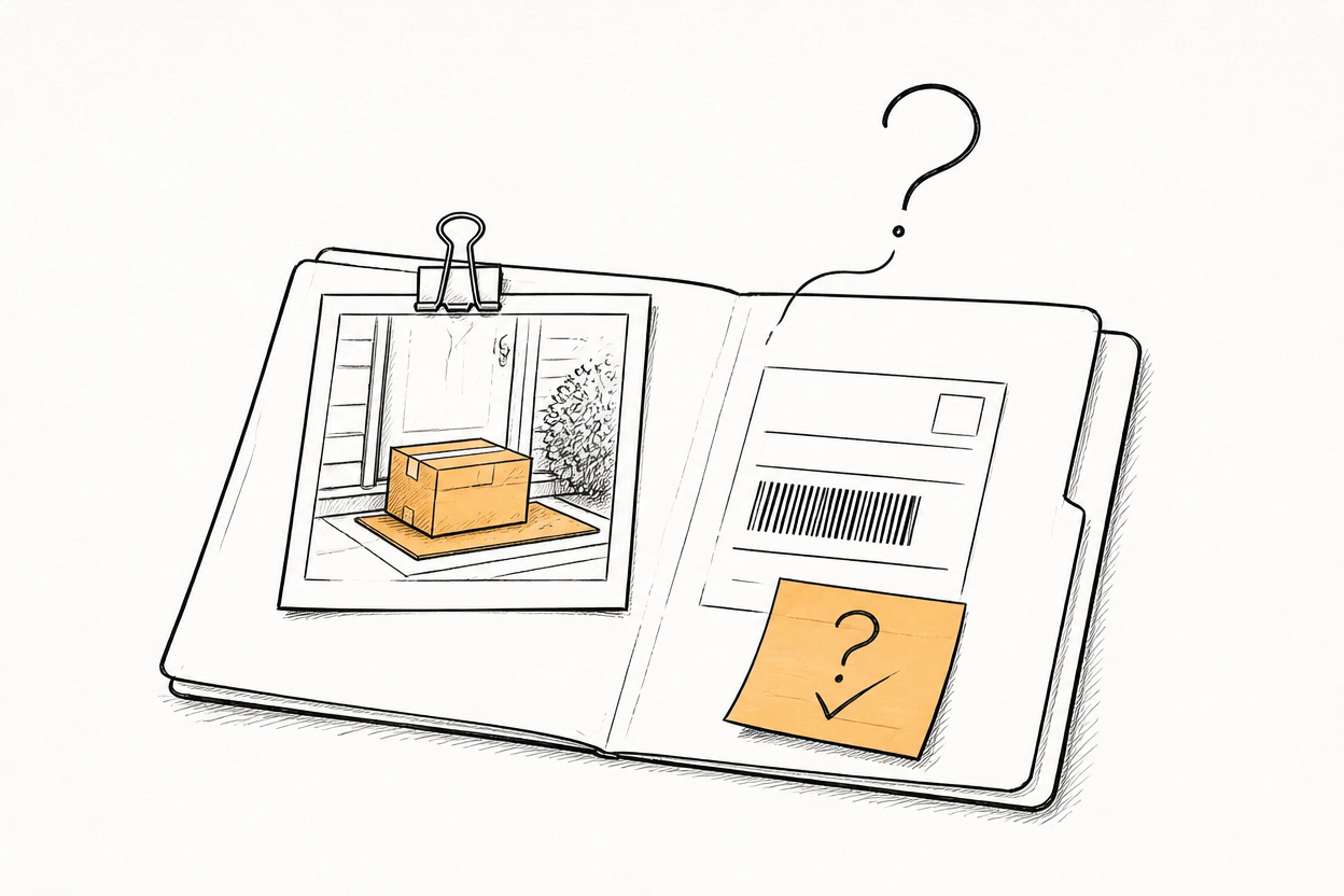 An open investigation folder containing delivery evidence, a barcoded label and a note, with a question mark above it.