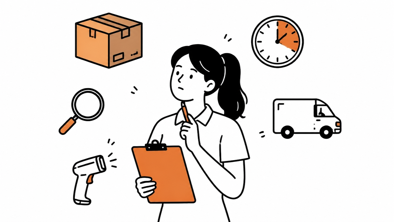 Warehouse receiving supervisor with a clipboard, surrounded by parcel, search, truck, scanner and clock icons.