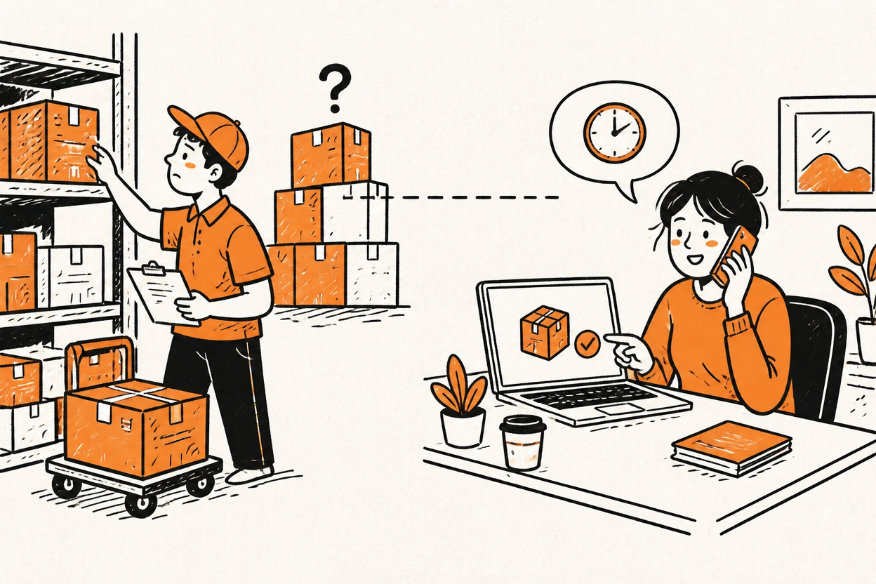 Parallel investigation: warehouse staff search shelves while a seller checks records and makes calls.