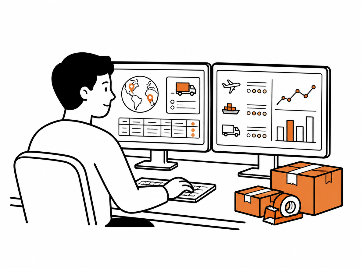 A clean flat illustration of a logistics analyst comparing shipping software options on two monitors, with cardboard boxes and a tape dispenser on the desk