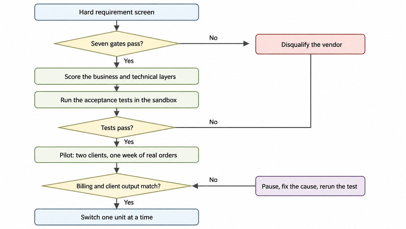 Flowchart: hard-requirement screen, business and technical scoring, sandbox acceptance tests, a pilot with one client and a week of real orders, then a carrier-by-carrier switch