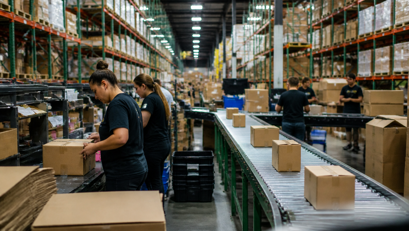 A busy 3PL fulfillment warehouse with tall shelves, staff packing parcels at shipping stations, and boxes moving along a conveyor belt under bright industrial lighting