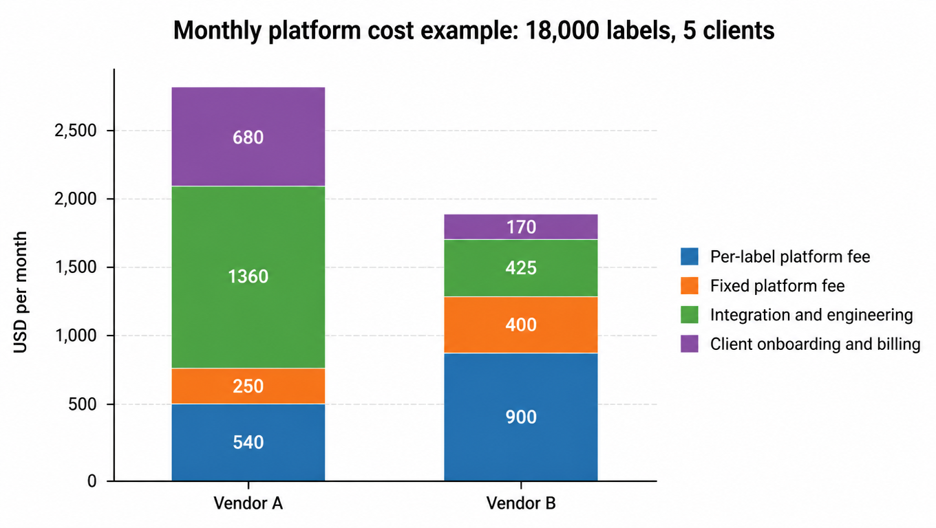 Stacked bar chart: monthly platform cost split into per-label fee, fixed platform fee, integration and engineering, and client onboarding and billing, comparing Vendor A and Vendor B