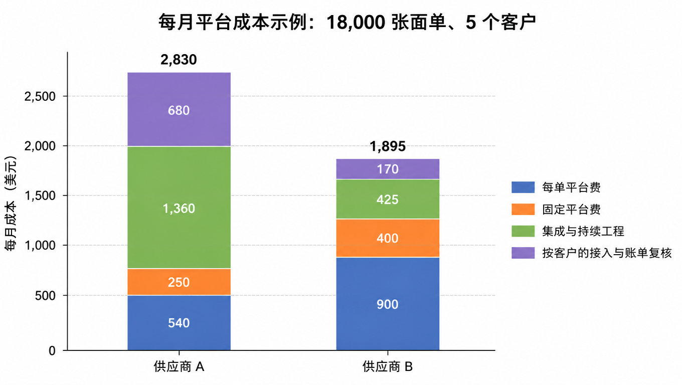 堆叠柱状图:每月平台总成本拆成每单平台费、固定平台费、集成与持续工程、按客户的接入与账单复核四层,对比供应商 A 与供应商 B