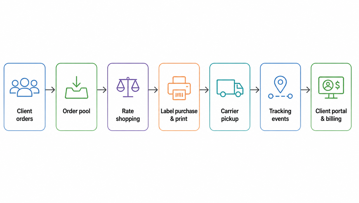 Flowchart: client orders land in an order pool, rate shopping, label purchase and print, carrier pickup, tracking events, then back to the client portal and billing