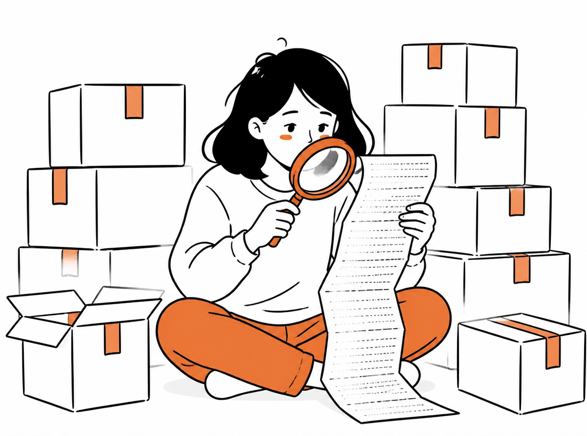 An ecommerce seller studies a long invoice with a magnifying glass among stacks of parcels.
