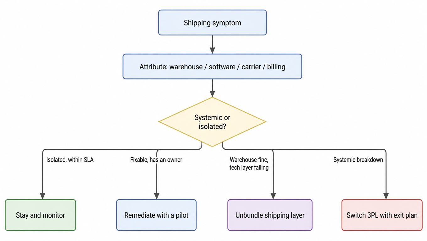 Decision tree: shipping symptom attributed to warehouse, software, carrier, or billing, then systemic or isolated: isolated and within SLA means stay and monitor, fixable with an owner means remediate with a pilot, warehouse fine but tech layer failing means unbundle the shipping layer, systemic breakdown means switch 3PL with an exit plan