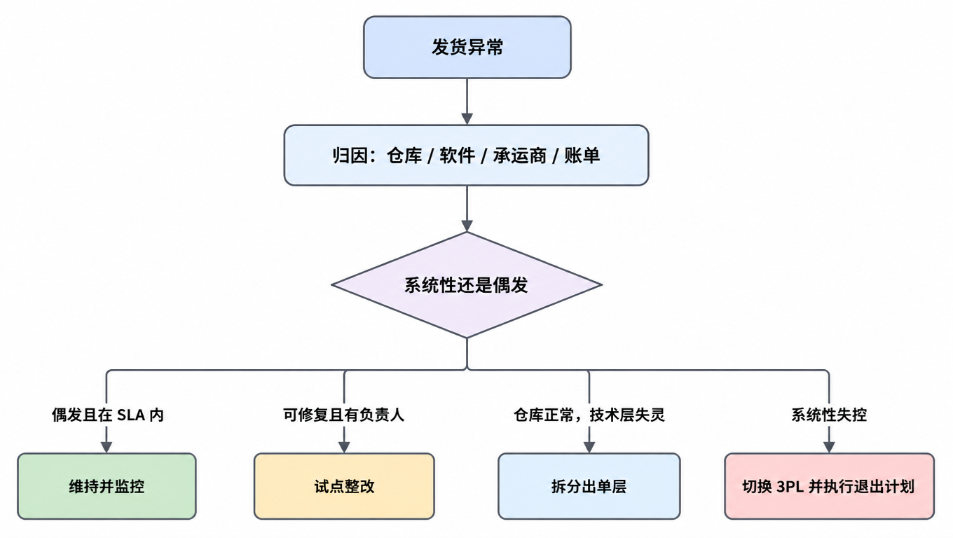 决策树流程图:发货异常先归因到仓库、软件、承运商、账单四层,再判断是系统性还是偶发:偶发且在 SLA 内则维持并监控,可修复且有负责人则试点整改,仓库正常但技术层失灵则拆分出单层,系统性失控则切换 3PL 并执行退出计划
