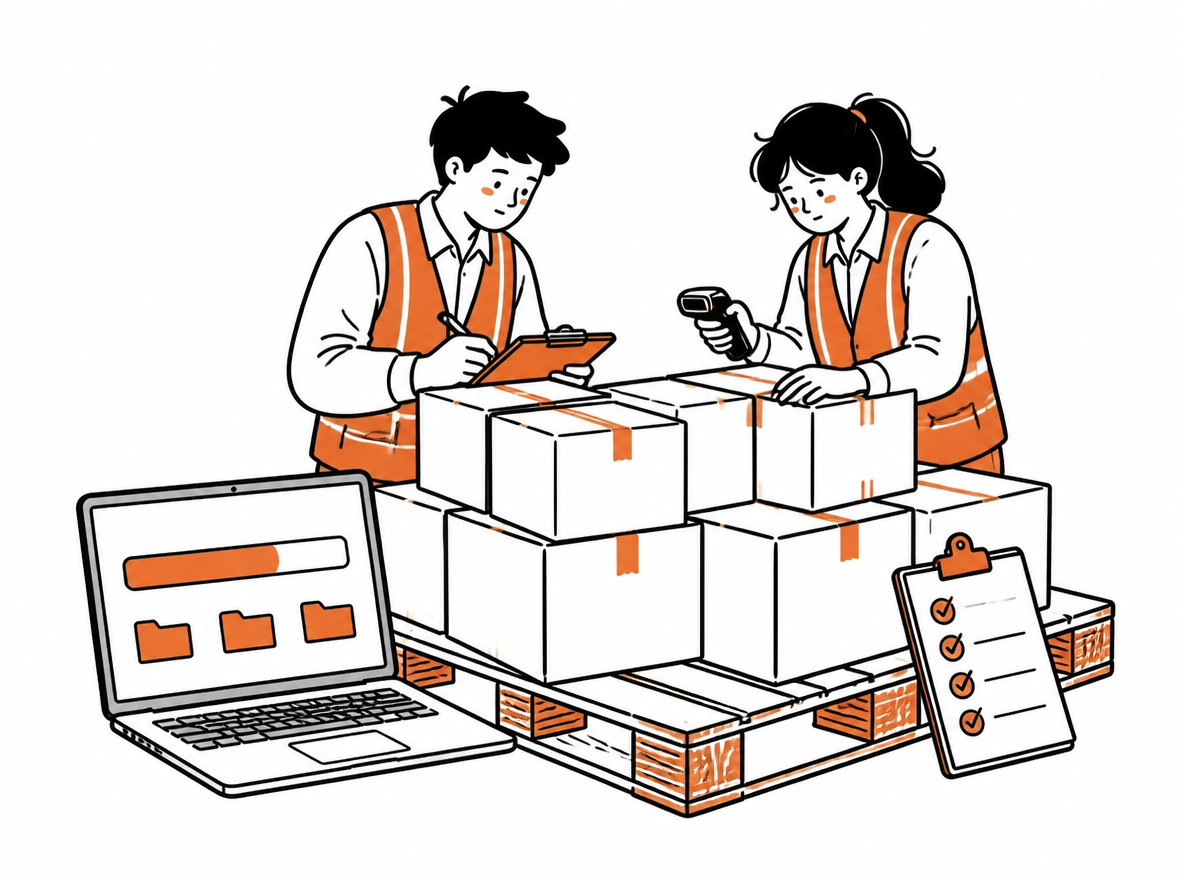 Two warehouse workers count inventory on a pallet beside a laptop and checklist.