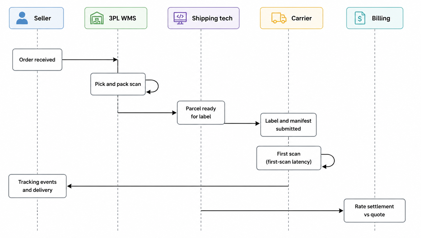 Unified shipment timeline sequence diagram: seller sends order to 3PL WMS, WMS scans pick and pack, shipping tech submits label and manifest to the carrier, carrier first scan (first-scan latency), tracking events and delivery back to seller, then rate settlement vs quote