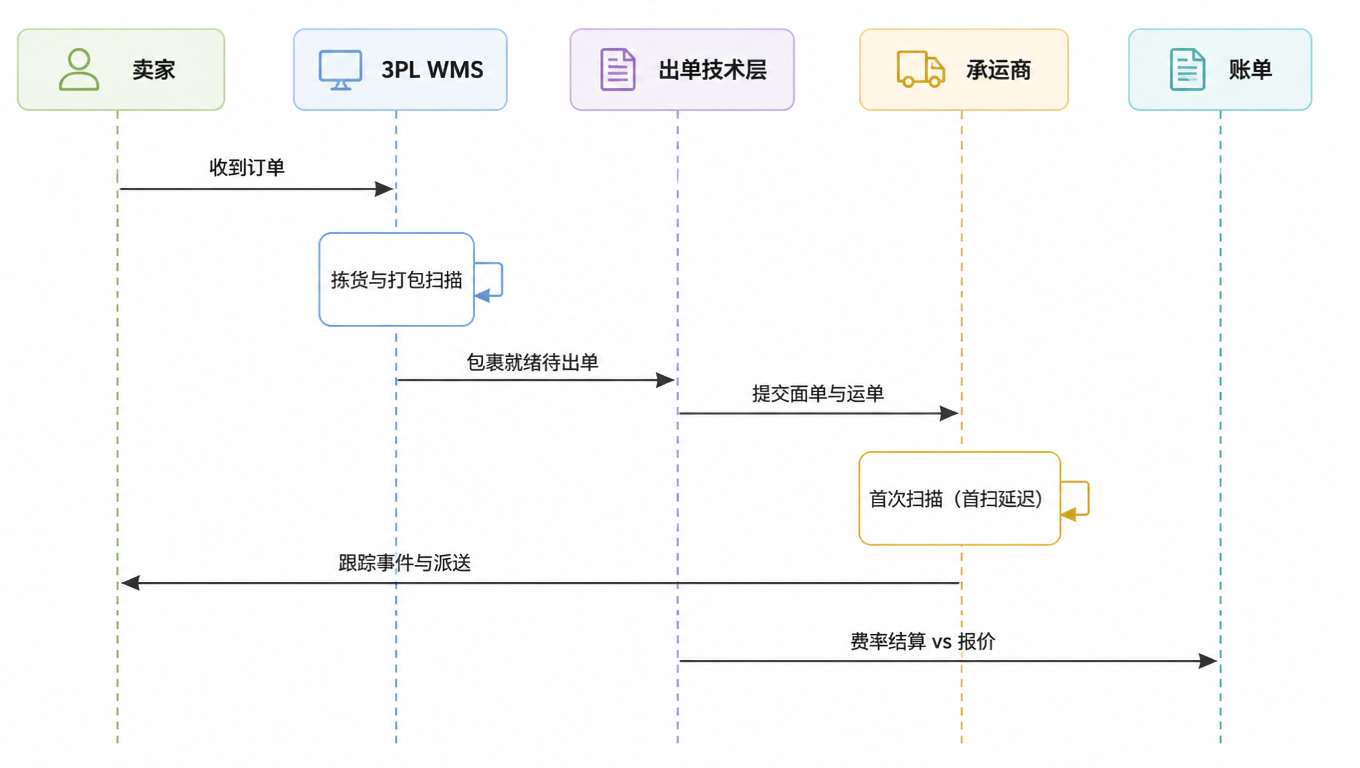 统一订单时间线时序图:卖家下单给 3PL WMS,WMS 拣货打包扫描,出单技术层提交面单与运单给承运商,承运商首次扫描(首扫延迟),跟踪事件与派送给卖家,最后技术层做费率结算对比报价