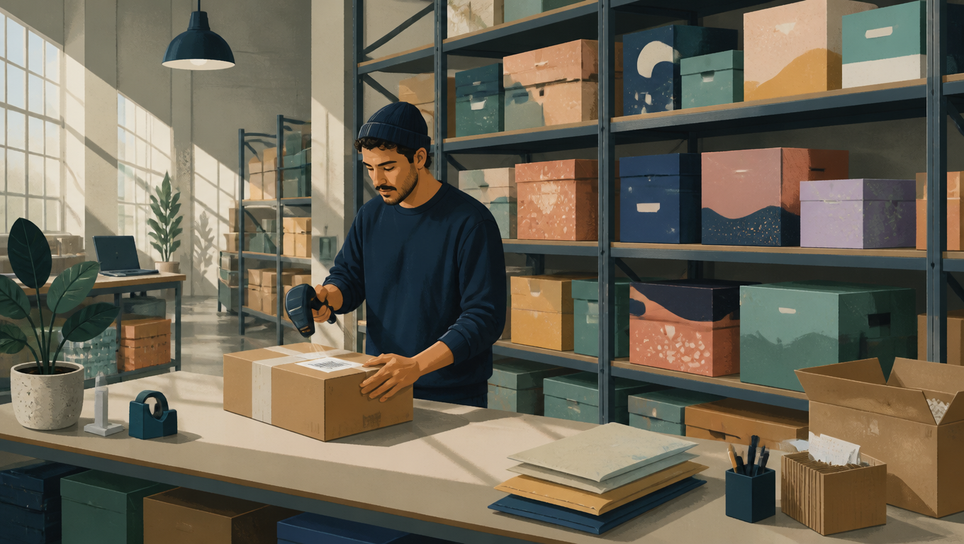 A worker in a small fulfillment warehouse scans a parcel with a barcode scanner at a packing station, shelves behind him stacked with colorful boxes from several DTC brands