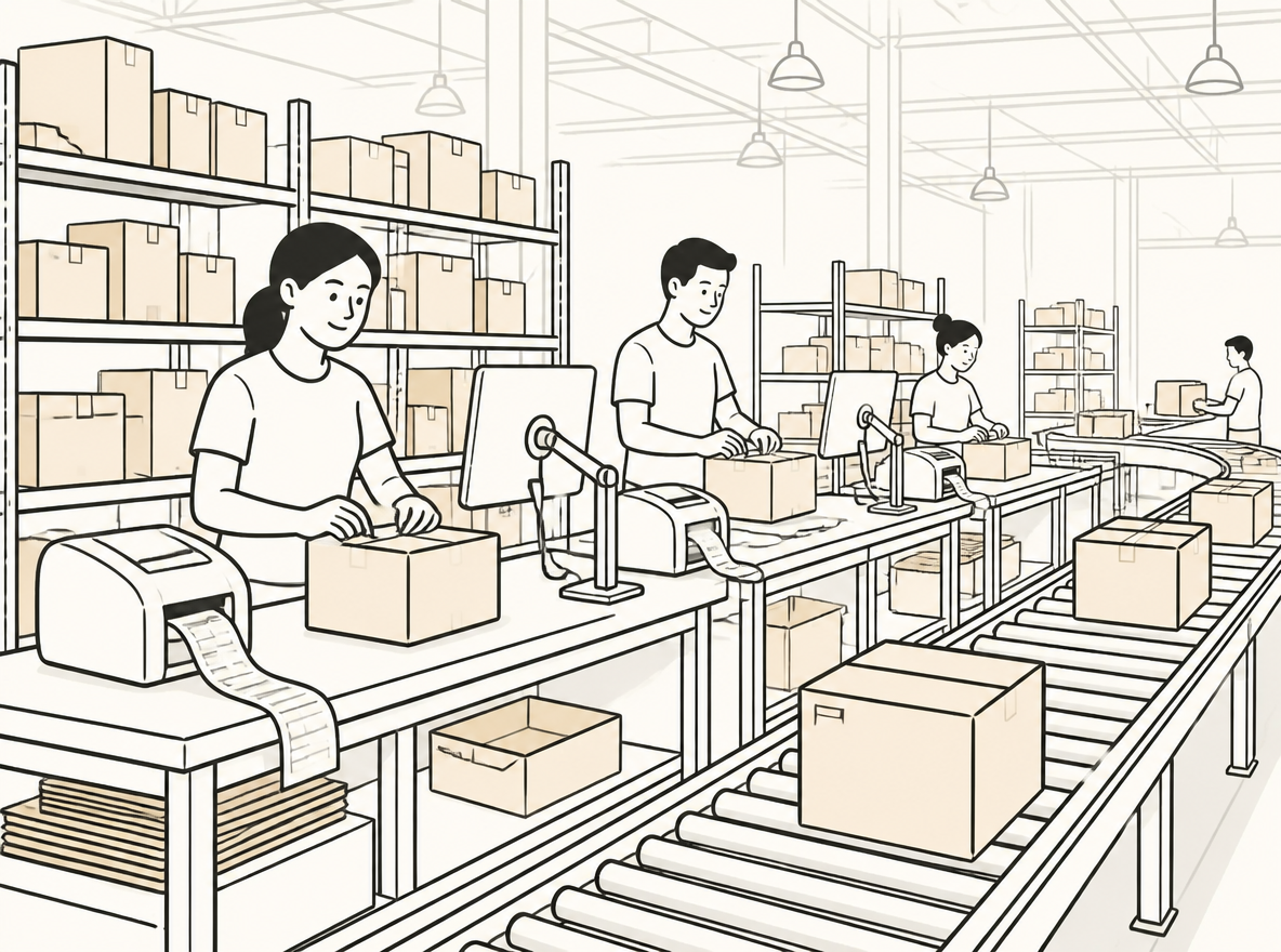 A bright modern fulfillment center floor with packers at workstations, cardboard boxes moving on conveyors, and shipping labels printing at the packing stations