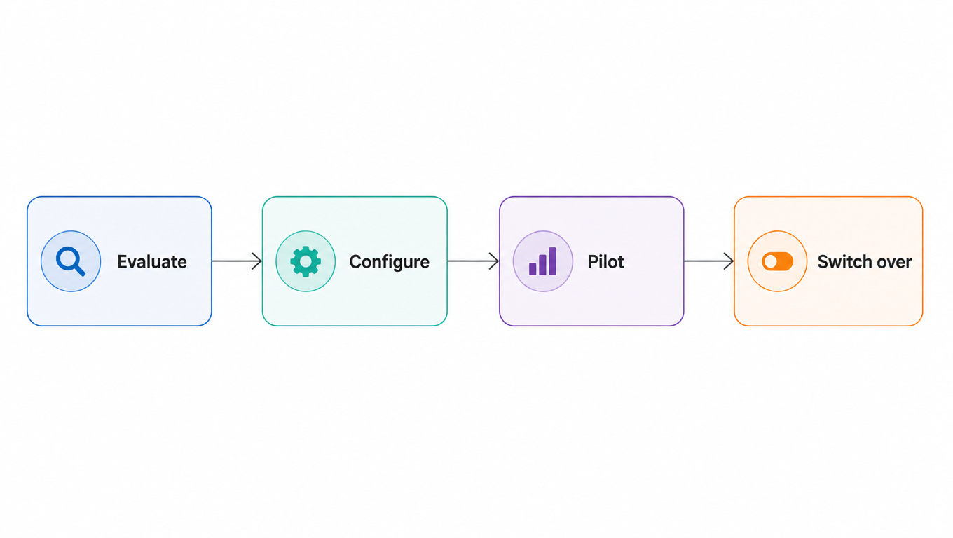 Flowchart: evaluate, configure, pilot, then switch over, in sequence