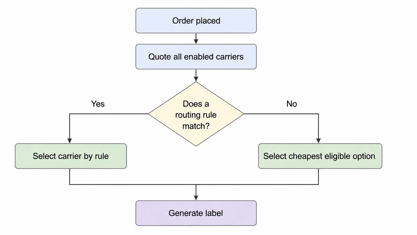Flowchart: order placed, quote all enabled carriers, pick carrier by routing rule if a rule matches, otherwise pick cheapest eligible option, then generate label