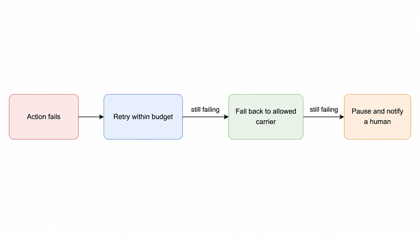 Flowchart of the escalation ladder: action fails, retry within budget, fall back to an allowed carrier if still failing, pause and notify a human if still failing