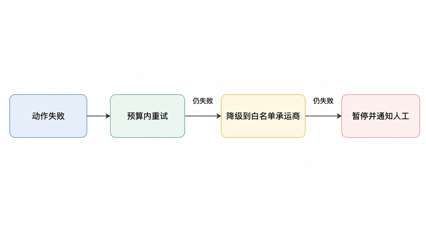 异常升级流程图:动作失败后预算内重试,仍失败则降级到白名单承运商,仍失败则暂停并通知人工