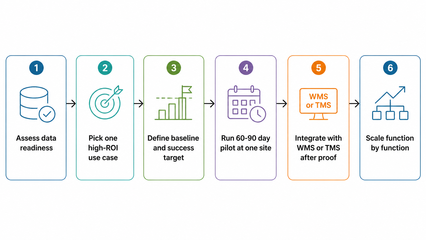 Flowchart of the rollout playbook: assess data readiness, pick a high-ROI use case, define baseline, run a 60-90 day pilot at one site, integrate with WMS/TMS after proof, scale function by function