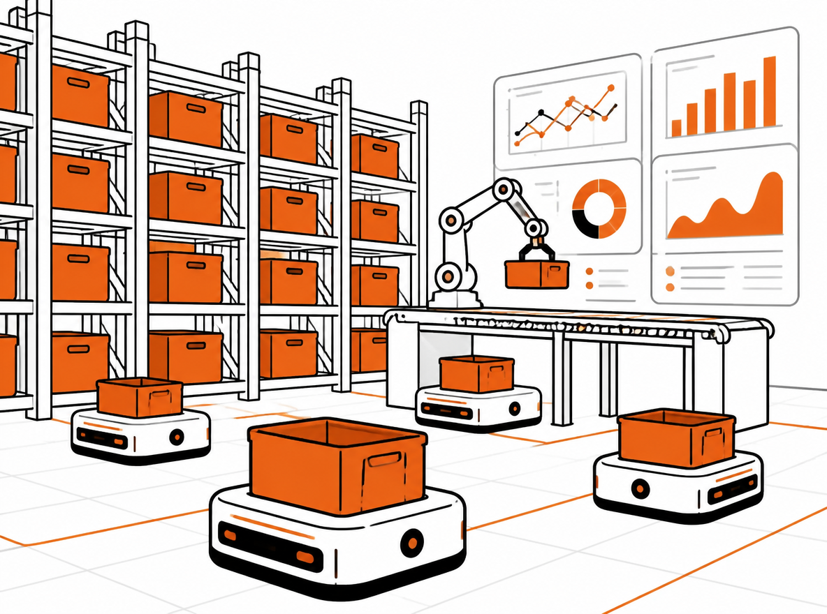 Autonomous warehouse robots move bins through racks beside a predictive analytics display.