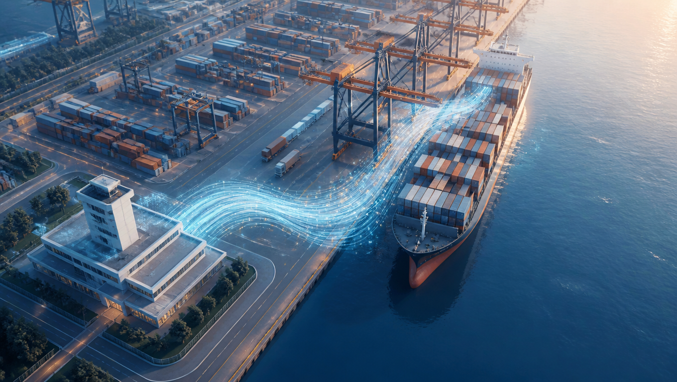 An automated container terminal with cargo data flows linking a ship, port and customs office.