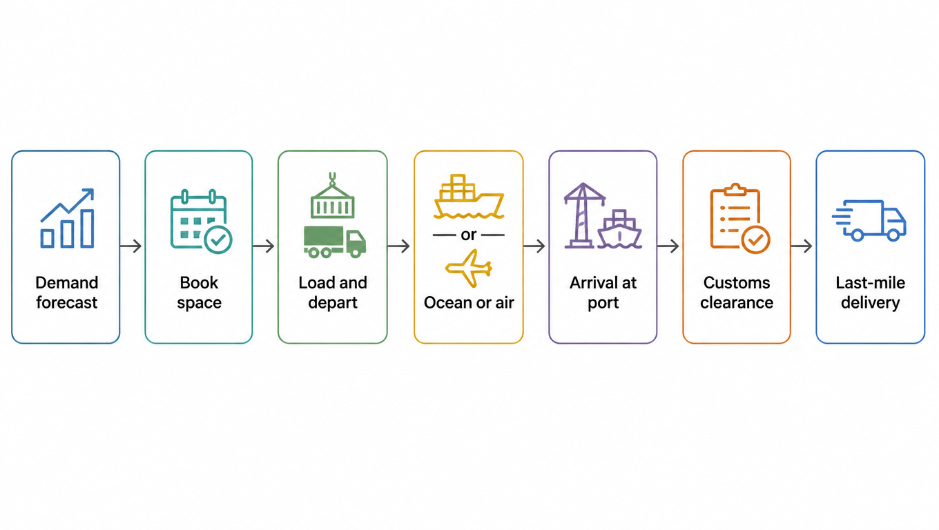 Flowchart of the cross-border first-mile chain: demand forecast, book space, load and depart, ocean or air, arrival at port, customs clearance, last-mile delivery