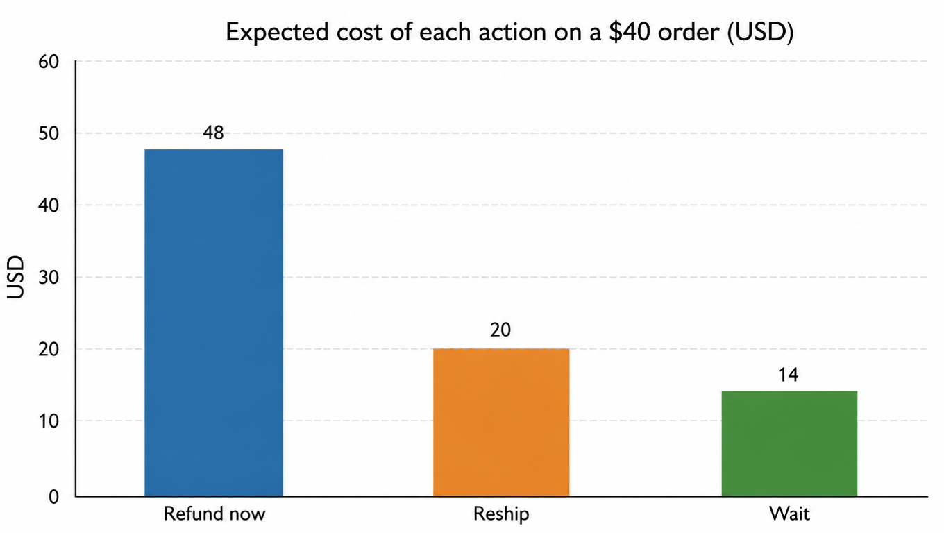 Bar chart: expected cost of each action on a $40 order (USD), refund now about $48, reship about $20, wait about $14