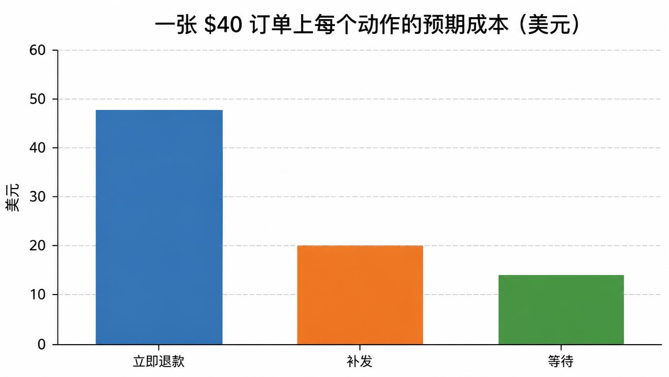 柱状图:一张 $40 订单上每个动作的预期成本(美元),立即退款约 $48,补发约 $20,等待约 $14
