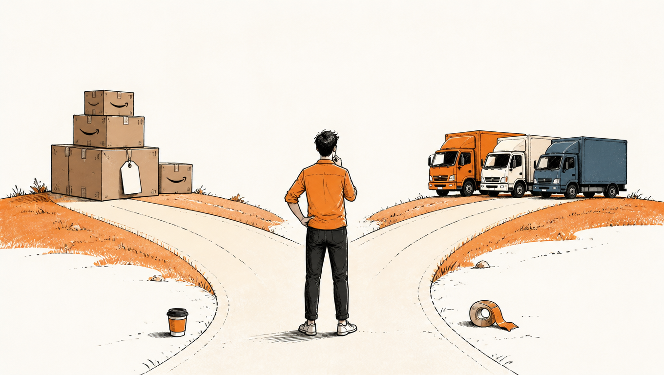 Seller at a fork between Amazon parcels with price tags and three delivery trucks, in an ink and orange illustration.