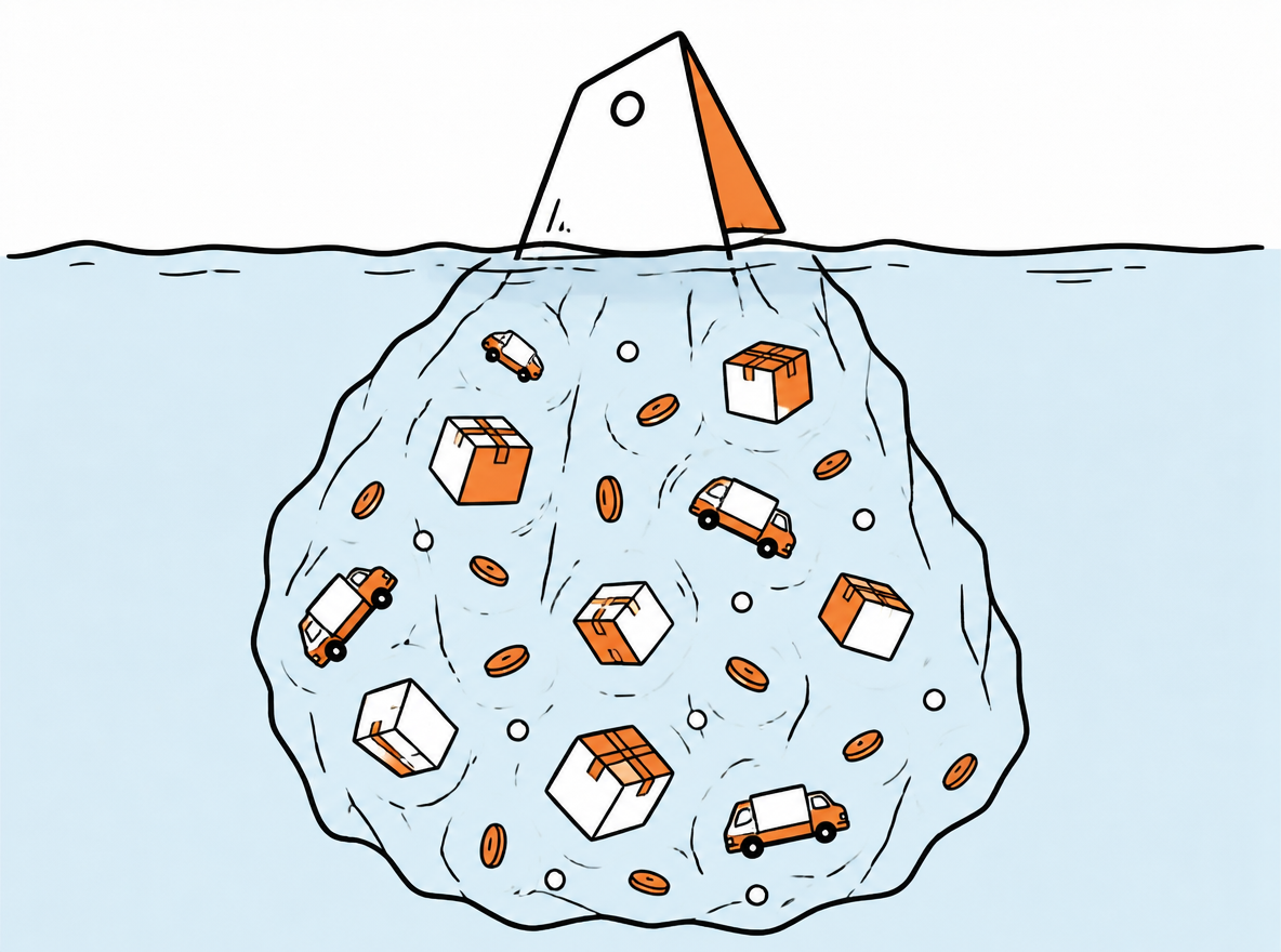 A price-tag-shaped iceberg tip above submerged shipping boxes, coins and delivery trucks.