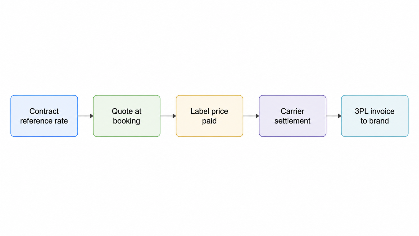 Quote-to-Settled-Cost audit chain flowchart: contract reference rate, quote at booking, label price paid, carrier settlement, 3PL invoice to brand, five links in sequence