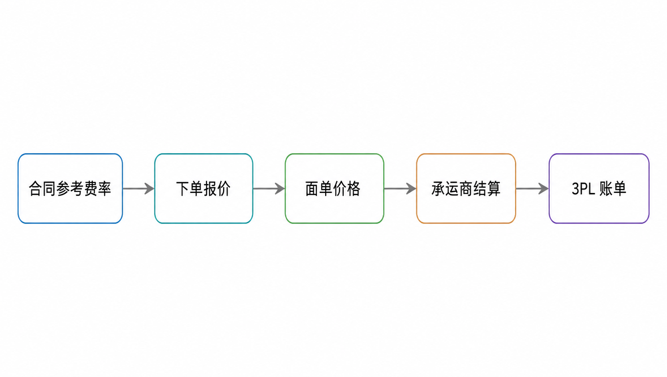 报价到结算成本审计链流程图：合同参考费率、下单报价、面单价格、承运商结算、3PL 账单五环依次相连
