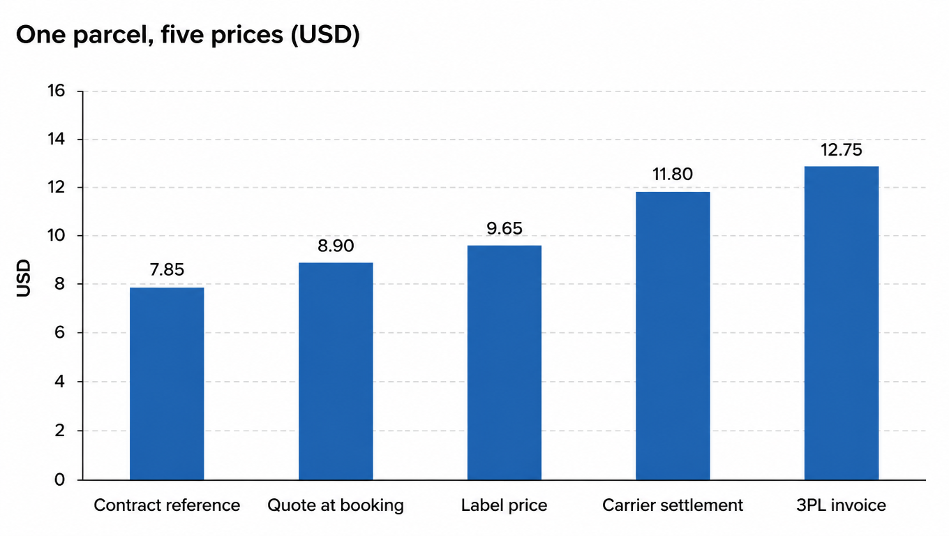Bar chart of one parcel's five prices in USD: contract reference 7.85, quote at booking 8.90, label price 9.65, carrier settlement 11.80, 3PL invoice 12.75